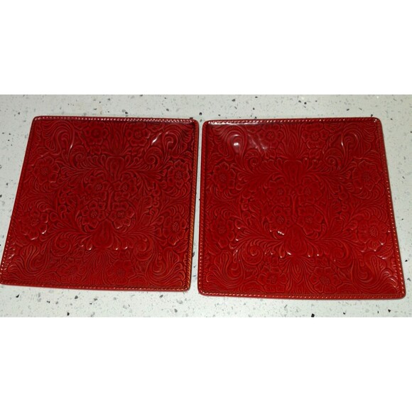 Rare HiEnd Accents Savanna Tooled Leather Look Salad Plates Stoneware  Set of 2 - Picture 1 of 9